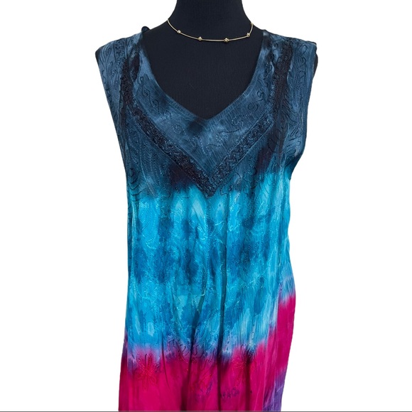 Shiva fashions Multi tie dye color midi sleeveless boho asymmetric dress - Picture 4 of 8
